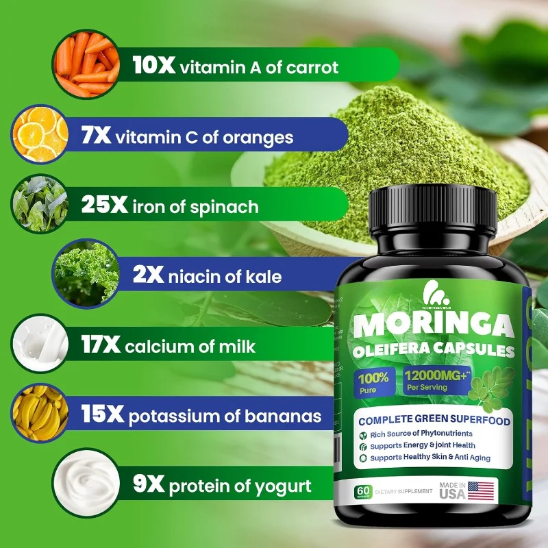 

Moringa Capsules 12000mg - Organic Moringa Leaf Powder, Antioxidant and Immune Health Support, 60 capsules