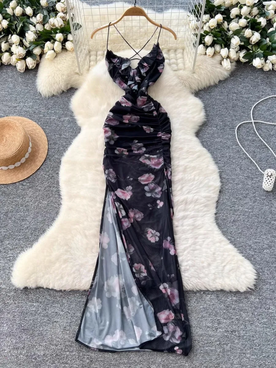 Foamlina 꽃 메쉬 v 넥 프릴 홀터 드레스 여성 여름 프랑스 휴가 Boho 스플 라이스 허리 미디 드레스 해변 해변