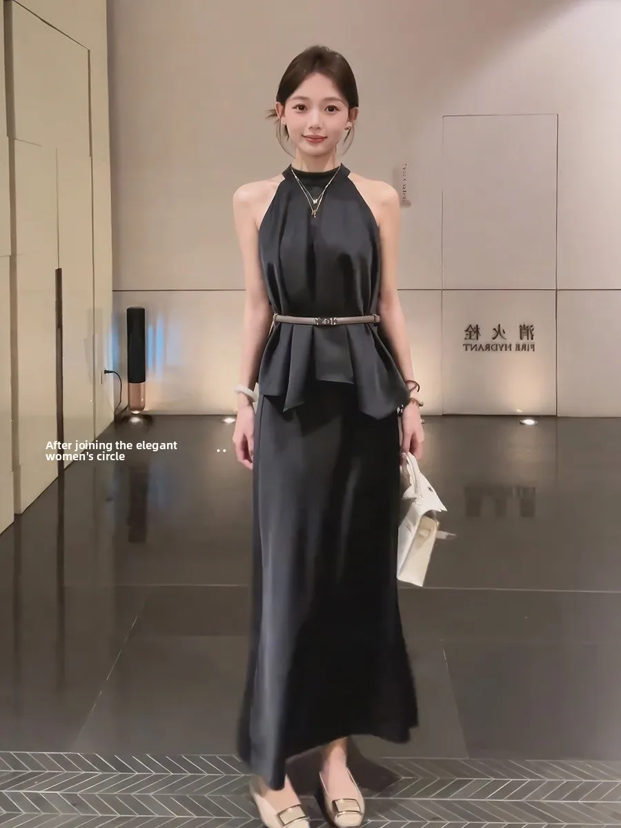 

Ele Two-Piece Set Women's Summer New Design Sensation Waist-Cinching Neline Satin Top f-length Skirt Faion Ensemble