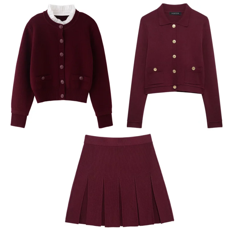 Autumn and Winter New Sweater Skirt Set Metal Plateau Button Top High Waisted Wide Pleated Skirt Temperament Celebrity Two Pcs