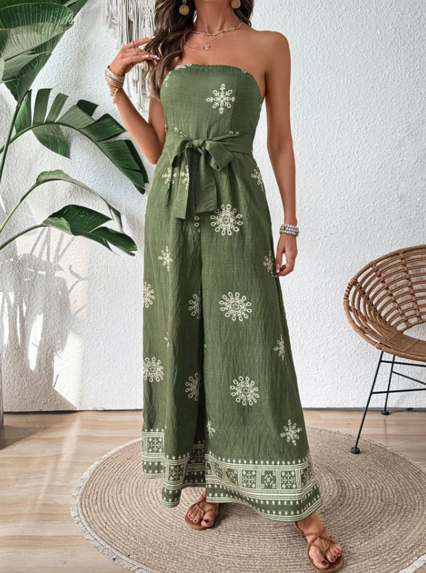 Casual Jumpsuit Women 2025 New Fashion Strapless vintage snowflake print wide leg jumpsuit Rompers Lace Up Casual Daily Jumpsuit - Image 2