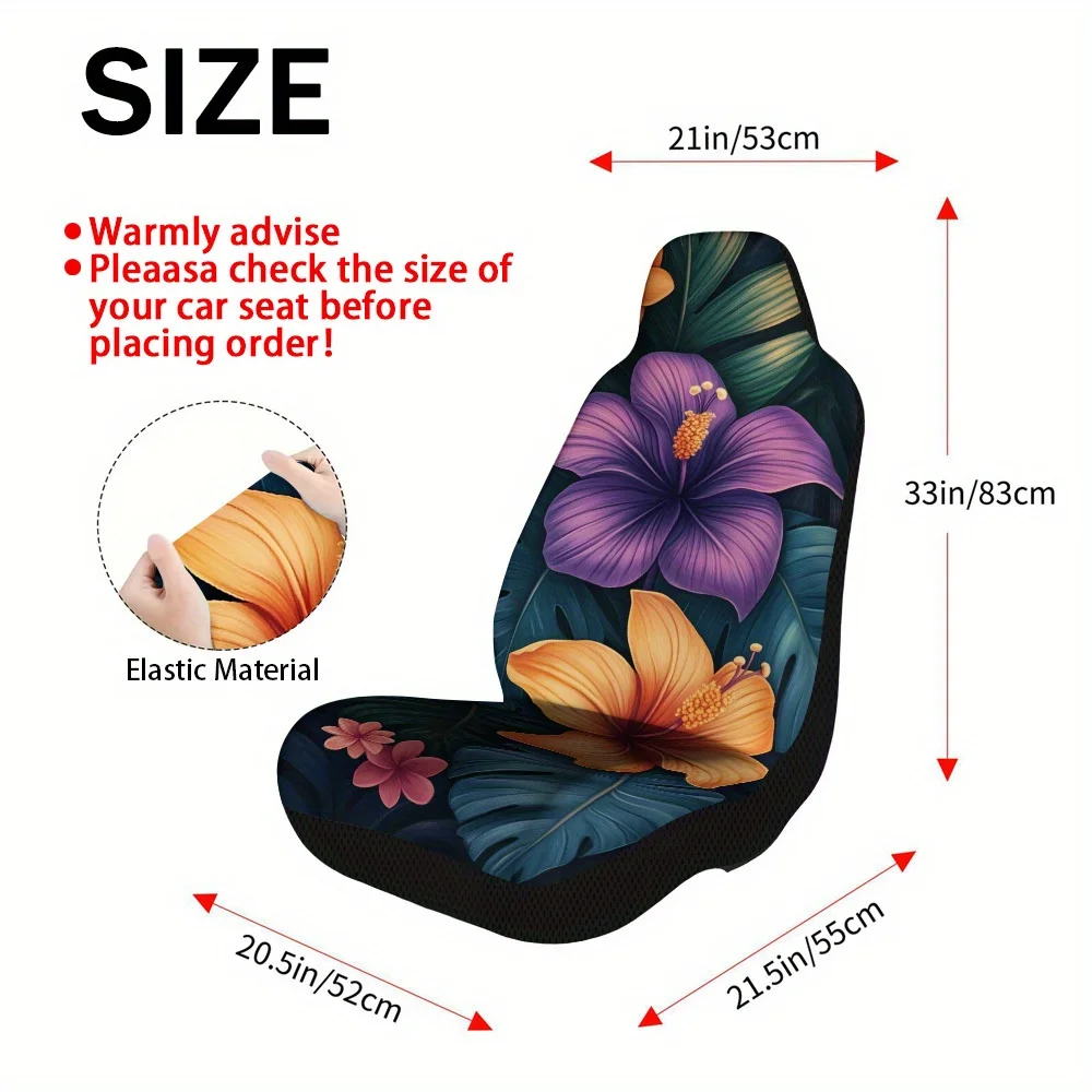 2pcs Vibrant Floral Jungle Serenity Car Seat Covers Set - Tropical Hibiscus Flower Design, Non-Slip Backing, Durable Polyester,