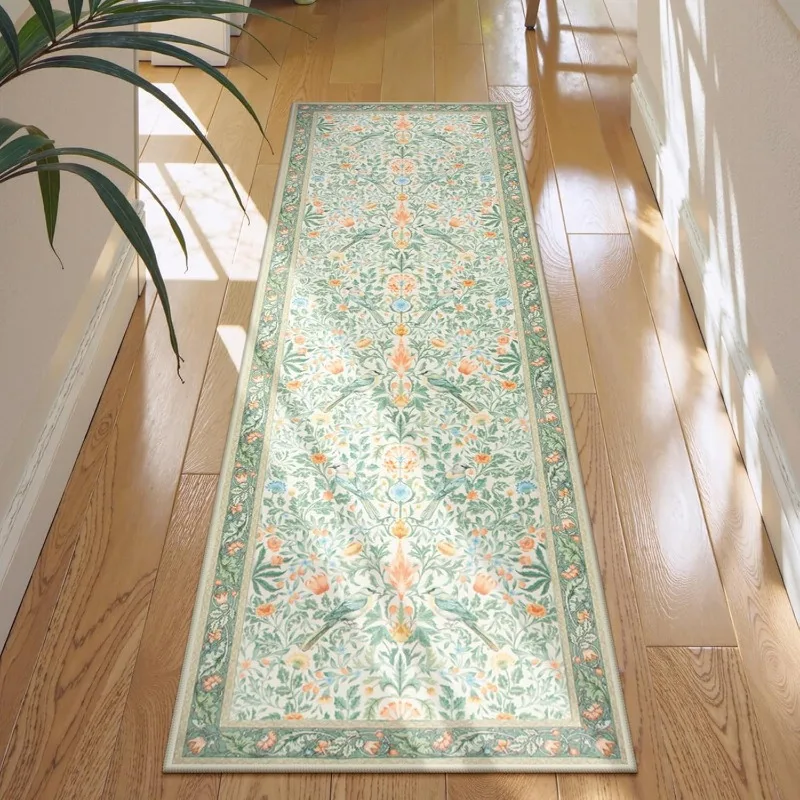 Floral Hallway Runner Rug Soft Flower Botanical Indoor Carpet Bedroom Non-Slip Floor Mat Machine Washable Rugs for Living Room