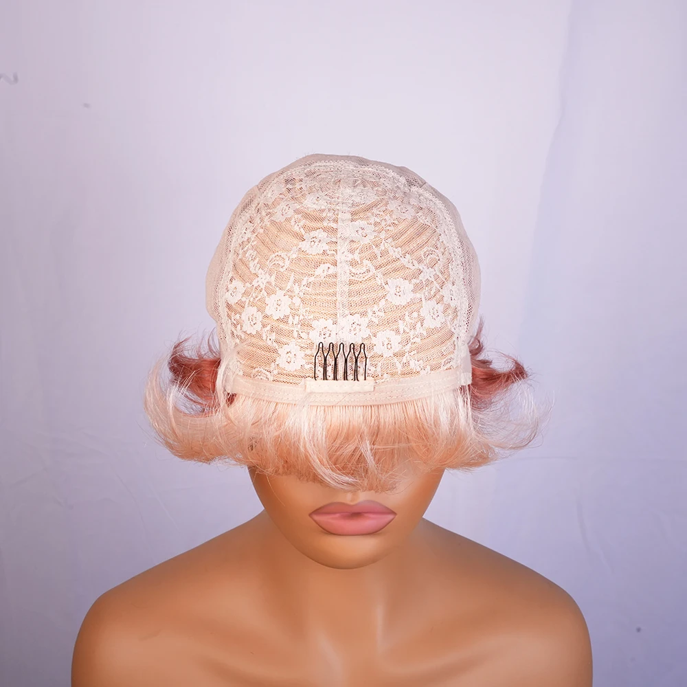 الوردي شعر بشري قصير الباروكات عابث قطع شعر مستعار آلة الشعر البرازيلي صنع للنساء قبل قطعها شعري مستقيم شعر مستعار تأثيري الطرف