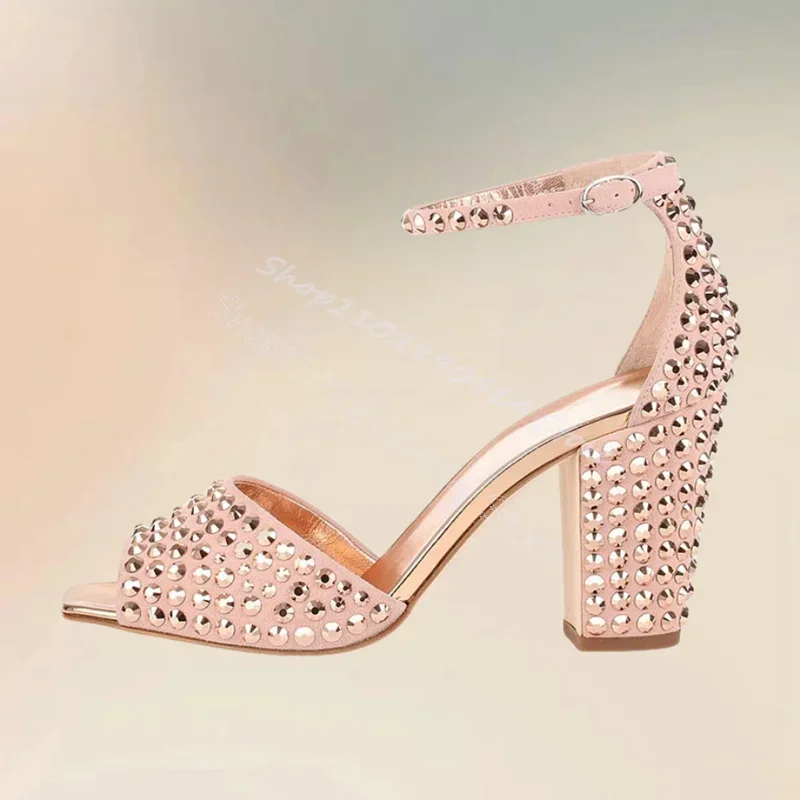 Rivetti Decor Rosa Sandali Peep Toe Cinturino con fibbia alla caviglia Scarpe da donna Chunky Tacchi alti Fashion Party Feast 2024 Zapatos Para Mujere