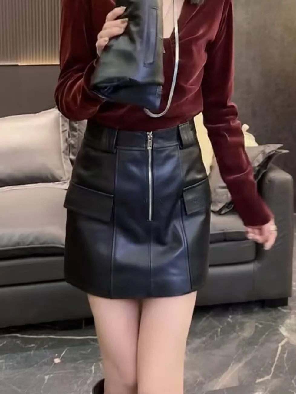 

Модная юбка А-силуэта из натуральной овечьей кожи с откидным клапаном, в стиле рабочей одежды, осенне-зимняя новинка, короткая юбка для девушек