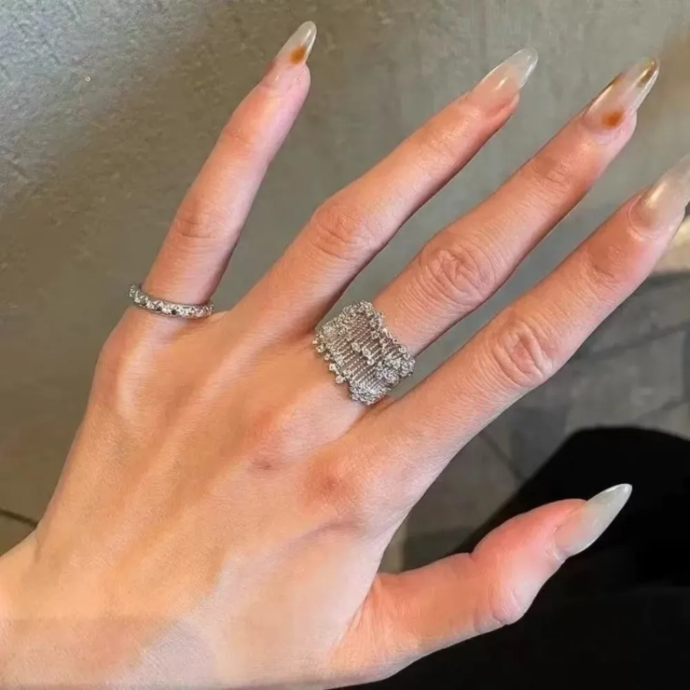 Adjustable Openwork Rhinestone Ring Rhinestone Openwork Setting Stacking Fashion Ring Palace Style Silver Tone Index Finger Ring