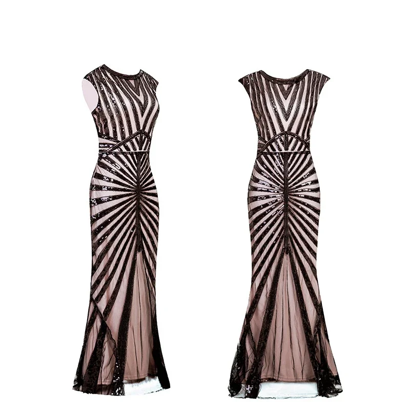 Women 1920s Great Gatsby dress long 20s 30s flapper dress vintage o neck sleepveless backless maxi party dress for prom cocktail