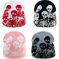 Y2k 2000s Grunge Skeleton Skull Crew Beanie Vintage Skull Knit Hat Black Y2k Knit Skull Black White