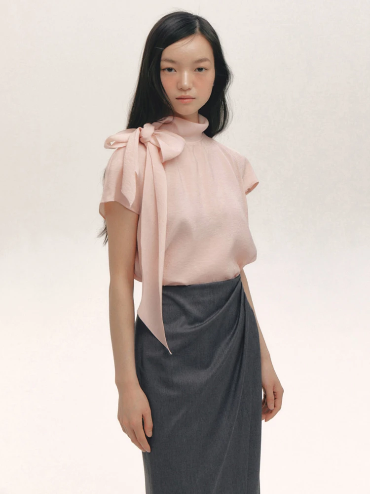 

Ele Knot Loose Fit ort Sve irt Women's Summer New Sle Slimming Acetate irt Stand Collar Thin Fabric