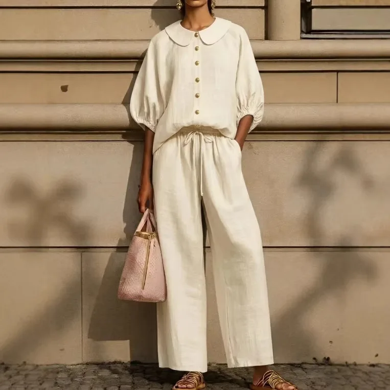 

New Summer Fashion 2-Piece Puff Sleeve Button-Down Shirt + Drawstring Wide Leg Pants Set Women's Summer Casual Commuting Suit