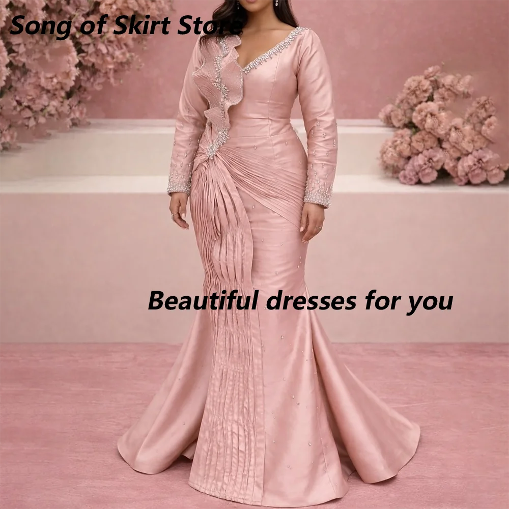 Plus Size Women's Evening Dresses Customized V-Neck Long Sleeves Mermaid Evening Gown Fashion Crystal Satin Formal Party Dresses