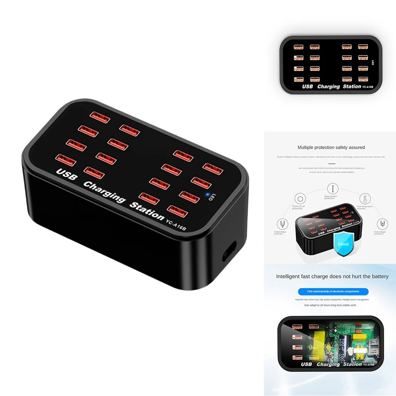 16 Port USB Charging Station Charging Station USB Charger For Car Headphones Multiple Devices Laptop Smartphones