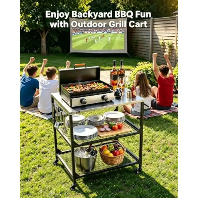 Outdoor Cooking Station with 31.5 x 24 Inch Stainless Steel Top, Heavy-Duty Carbon Steel Frame, Three-Tier Layout, Two Mesh Rack