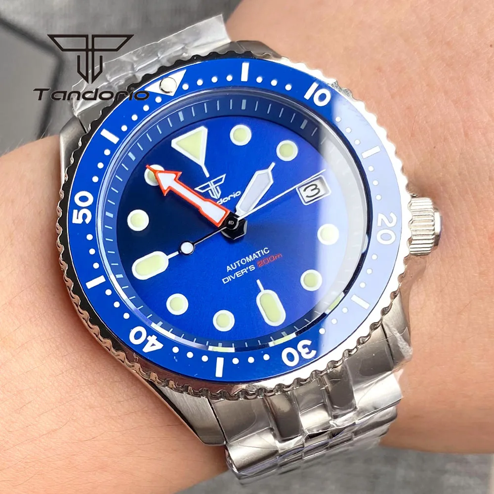 

Tandorio 41mm NH35A Stainless Steel Luminous 200m Dive Automatic Watch for Men 3.8 Crown Blue Sunburst Dial Sapphire Glass Date