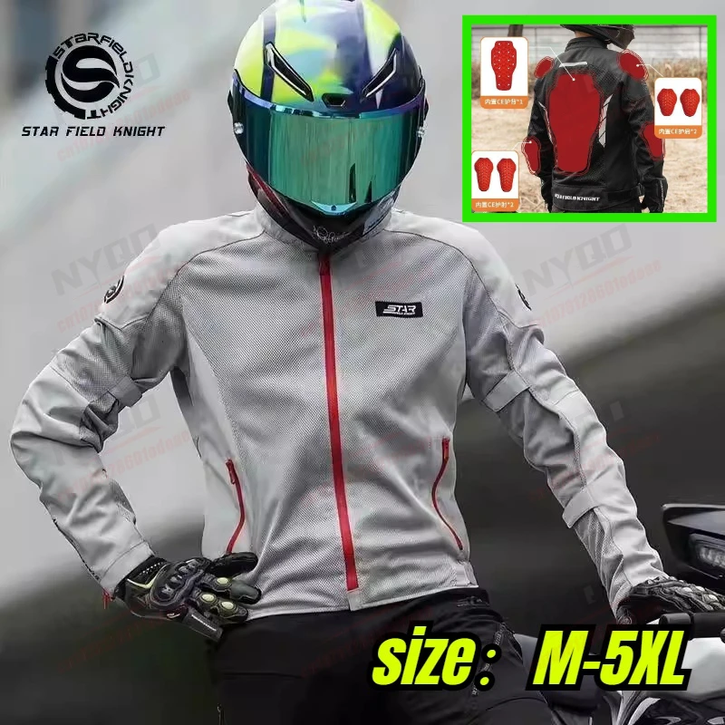 

Men Motorcycle Jacket Grey White Mesh Summer Riding Gear with CE Armor Breathable Protective Bikers Jacket