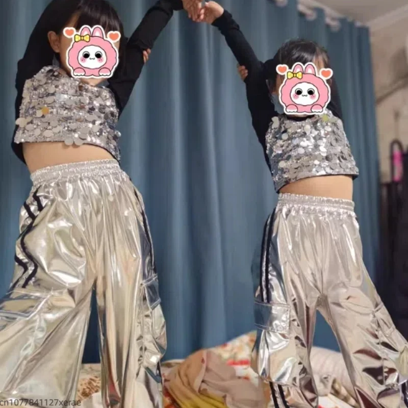 Costume da ballo jazz per ragazze, set di costumi da ballo con paillettes nere argento bombarde di strada, costume da spettacolo di danza di strada per bambini