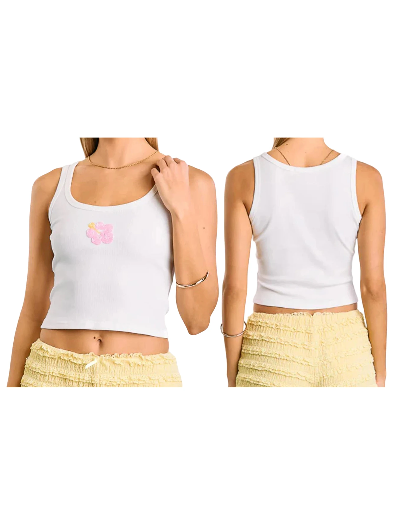 Women s Summer Crop Tank Tops Sleeveless Scoop Neck Bead Flower  Fit Vest Casual Summer Shirts