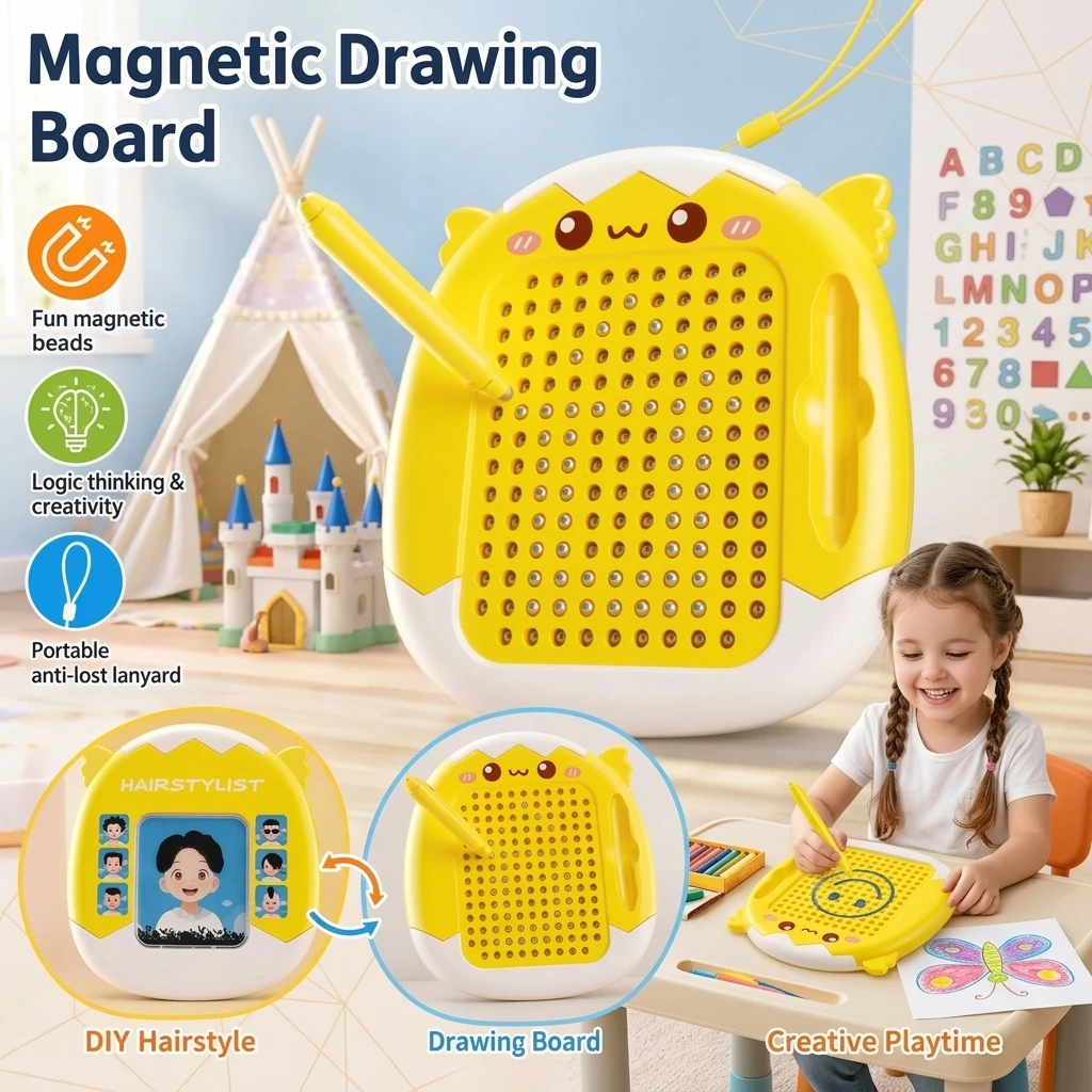 Children's DIY Magnetic Bead Hair Styling Drawing Board Double-Sided Graffiti Creative Decompression Tool Versatile Student Toy