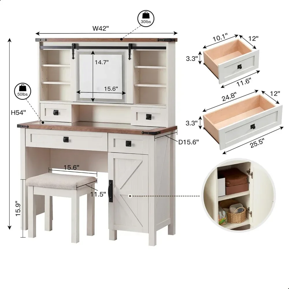 Farmhouse 42'' Makeup Vanity Desk with Sliding Mirror and Lights, 2 Drawers & Shelves, Rustic Big Vanity Set for Bedroom