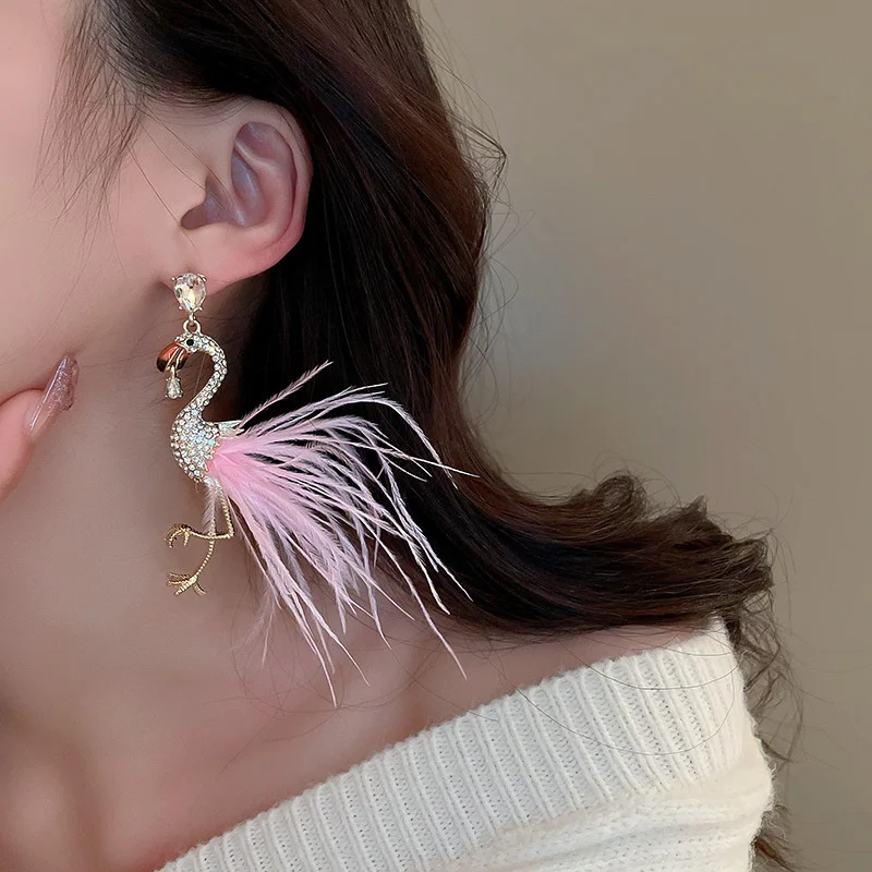 FYUAN Gold Color Bird Drop Earrings for Women Korean Style Pink Feather Rhinestone Dangle Earrings Fashion Jewelry Accessories