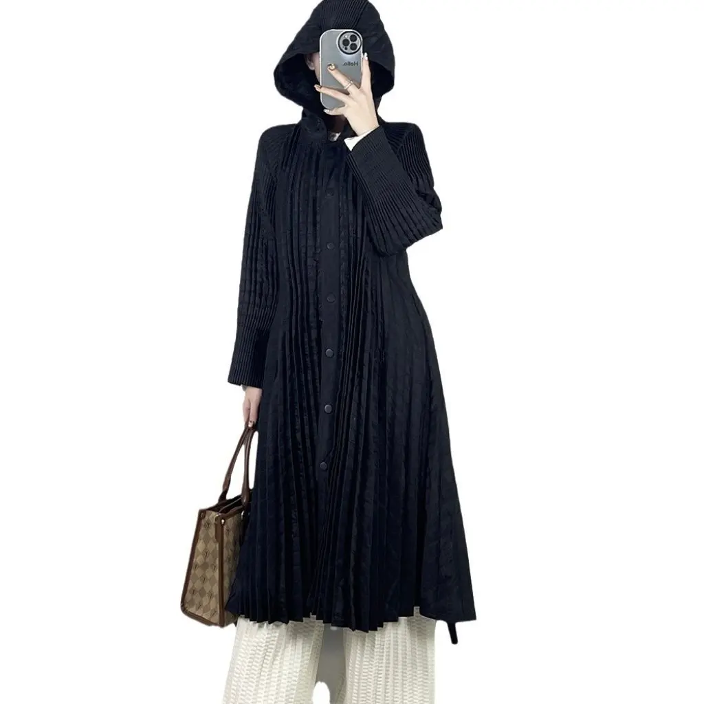 

Miyake Women's Cotton-Padded Coat Pleated Design Hooded Mid-Length Loose Slim Jacket for Autumn Winter Simple Style