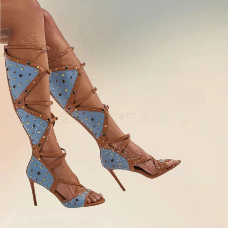 

Geometrical Denim Rivets Design Buckle Boots Back Zipper Women Shoes Thin High Heels Party Feast Dating 2026 Zapatos Para Mujere