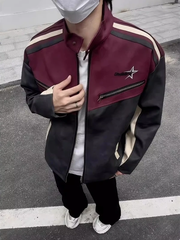 Retro American Collar Splice PU Leather Jacket Unisex Casual Loose Motorcycle Outerwear Color Block Youth Trend Windproof