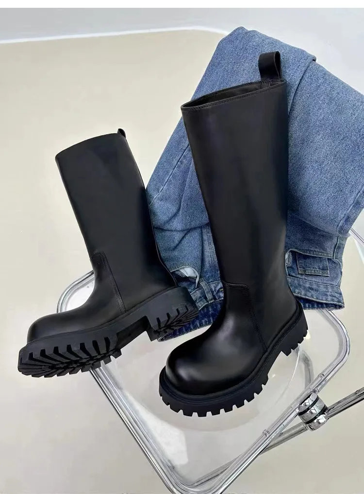 Tube Knight Boots Thick Sole for Slimming and Height Increasing, Large Tube Circumference Not Exceeding The Knee, Long Boots