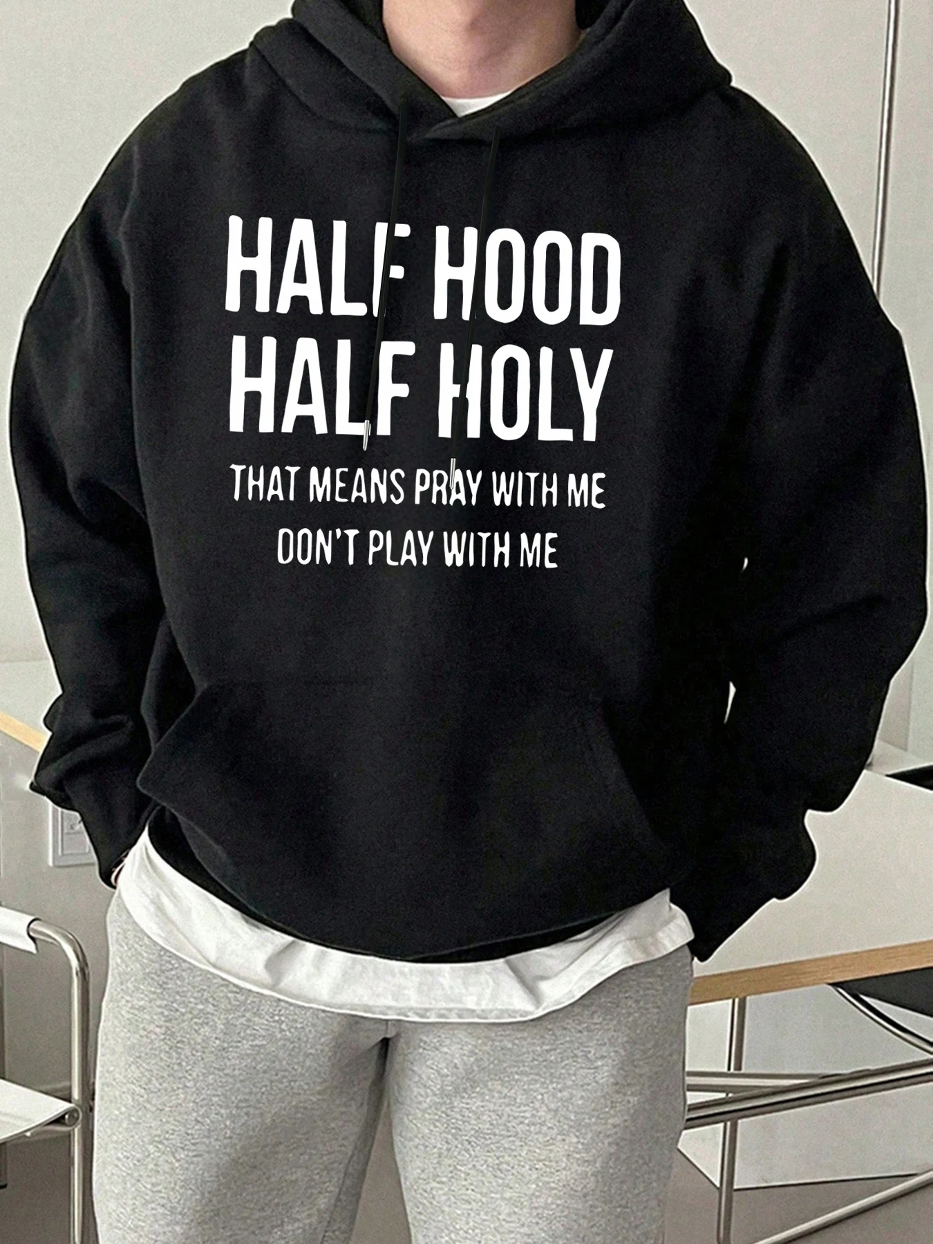 Halbe Kapuze, halb heilig, bedruckt, Herbst, Straße, Sportbekleidung, Mann, bequem, weich, Kapuzenpullover, lässige Grundkleidung, lockere Fleece-Sweatshirts