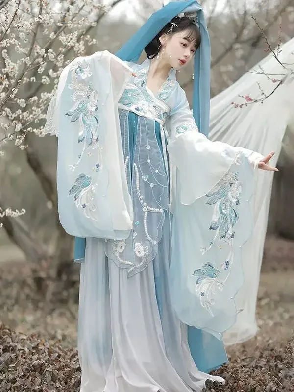 Weijin Dynastie Stickerei Hanfu Kleid Frauen chinesische traditionelle Cosplay Kostüm Dynastie alte Kleidung blaue Bühne Tanz kleid