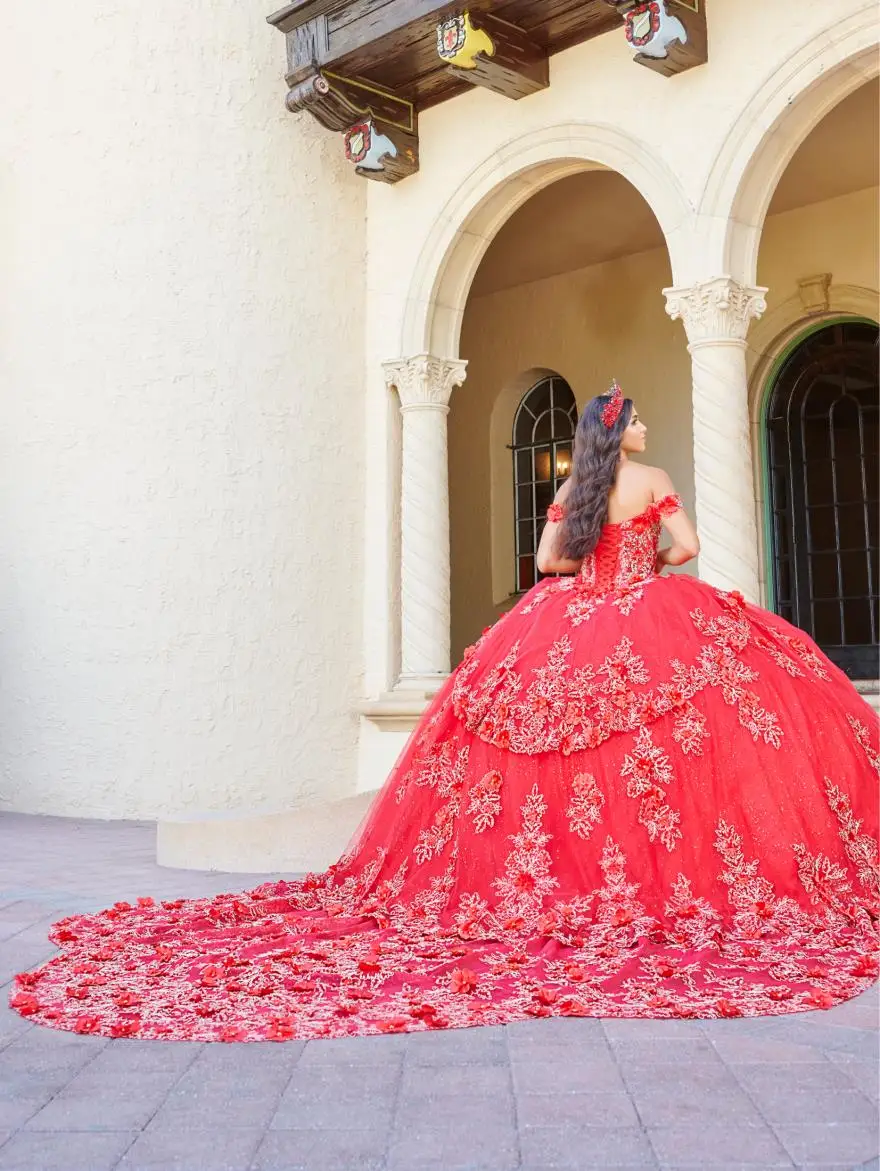 Personalizado rojo 2024 vestido para quinceañeras flores apliques encaje fuera del hombro vestido De baile dulce 15 16 vestido Vestidos De 15 Años YQD126