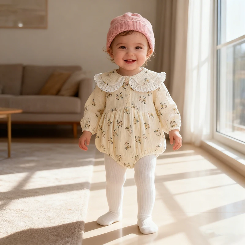 جديد ربيع 2026 بدلة قفز للأطفال البنات مطبوعة بأكمام طويلة من القطن على شكل زهرة للأطفال البنات 0-24 متر بدلة قفز لحديثي الولادة