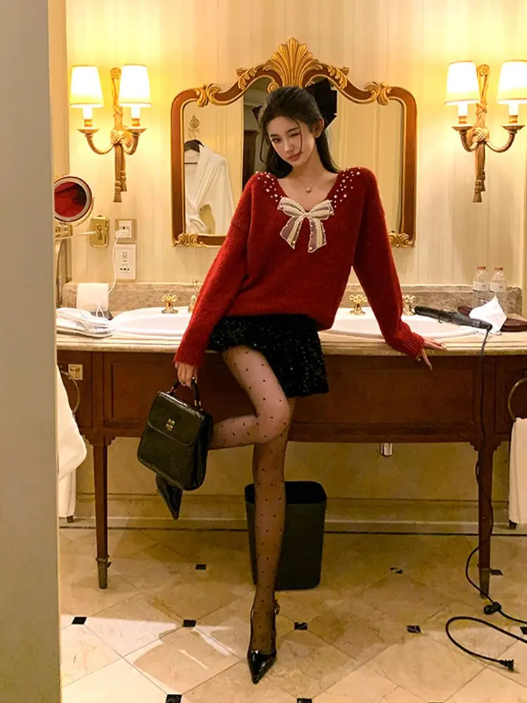 Sweater Natal Rajutan Pita Atasan Gaya Prancis Elegan Pakaian Musim Dingin