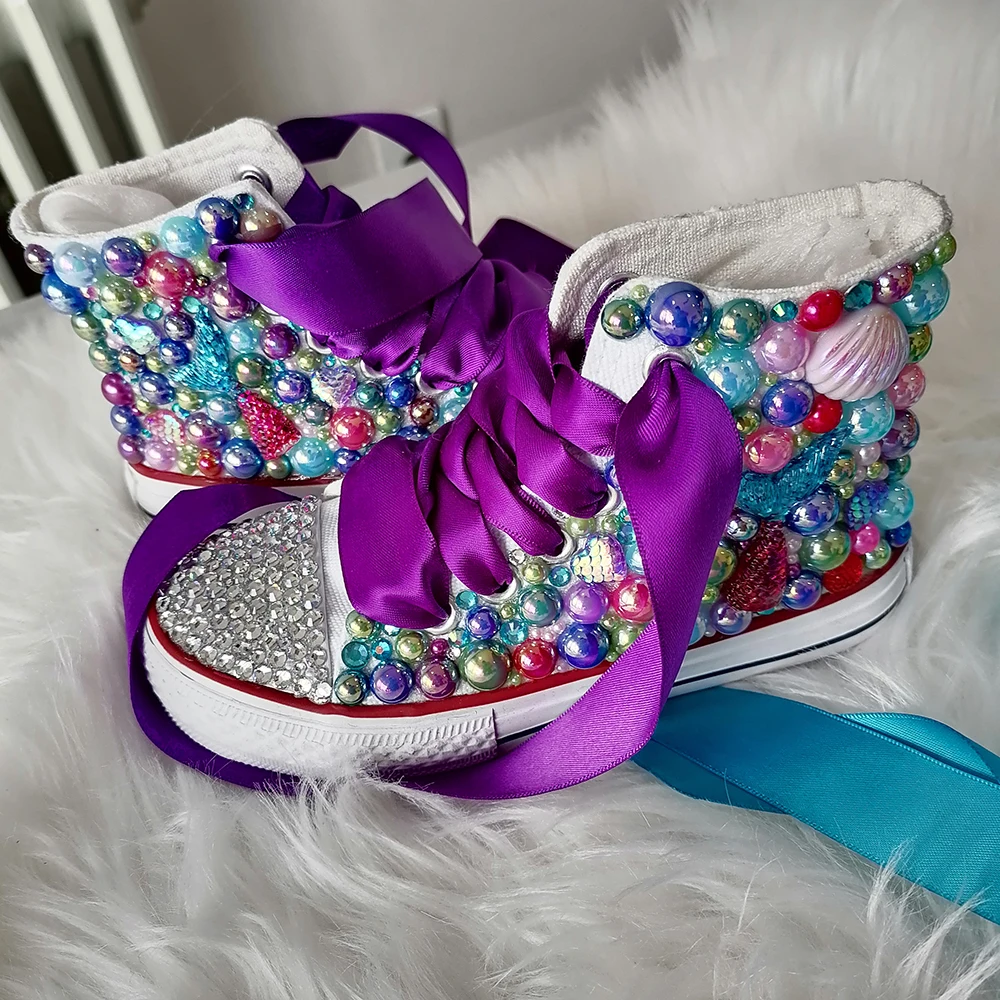 Handmade Rhinestones Bling Girls Womens Kids And Mother Candy Canvas Shoes Pearls Sneakers For Girl Birthday Party Wedding