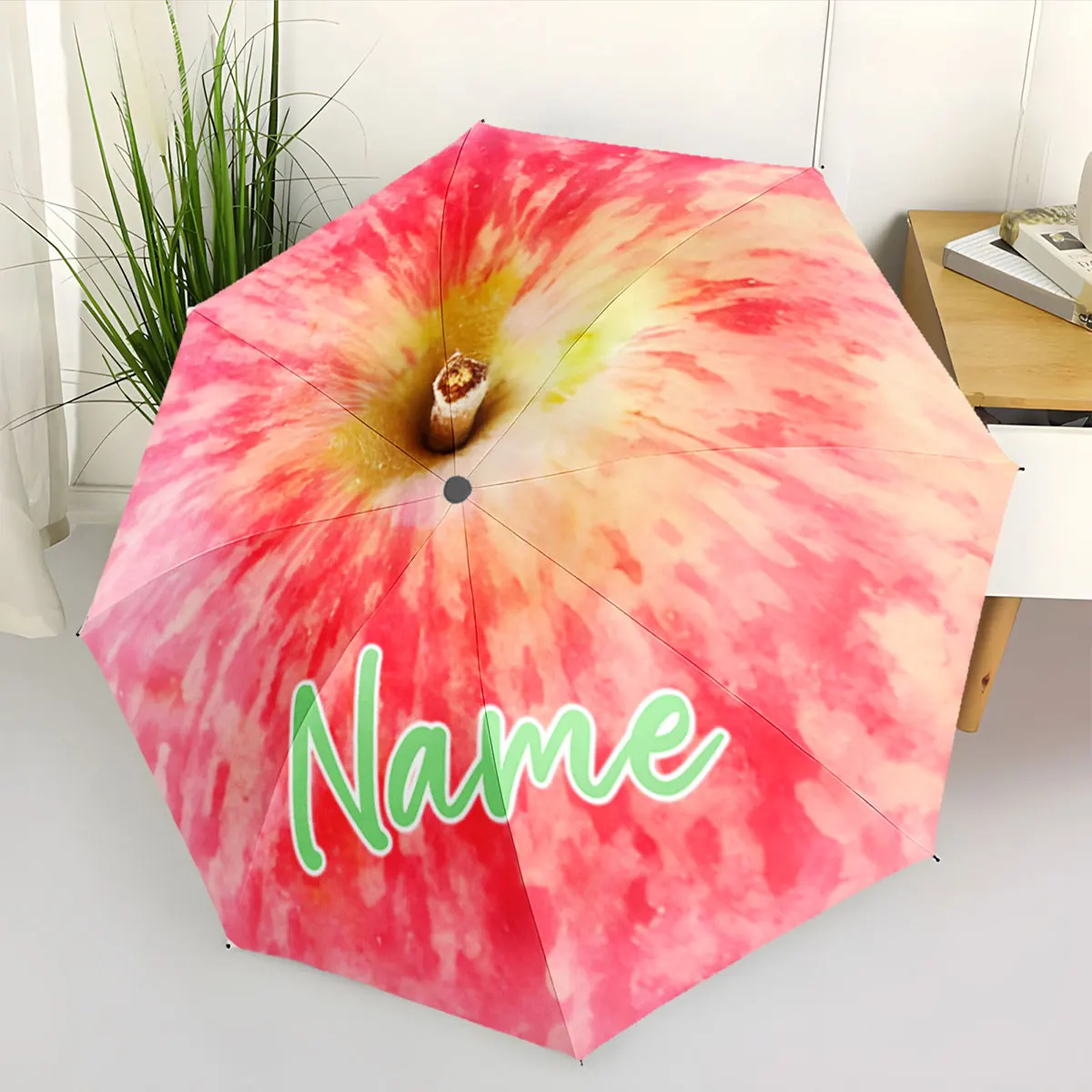 Custom Name Apple-Inspired Umbrella Design with Text Print 8 Iron Ribs Folding Umbrella, Auto-Open Fashion Sunshade