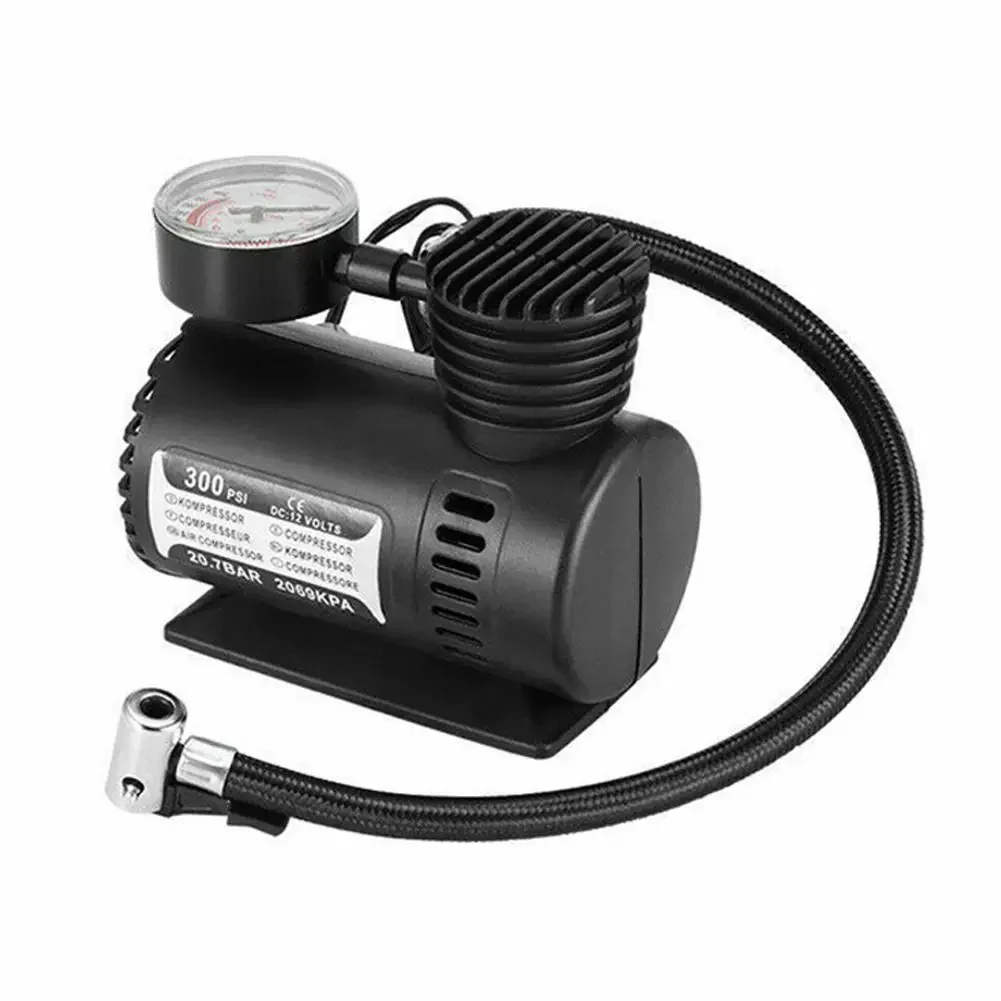 Portable 300 PSI DC 12V Auto Car Mini Air Compressor Electric Tire Inflator Pump With Gauge And Inflation Tips Rubber Hose