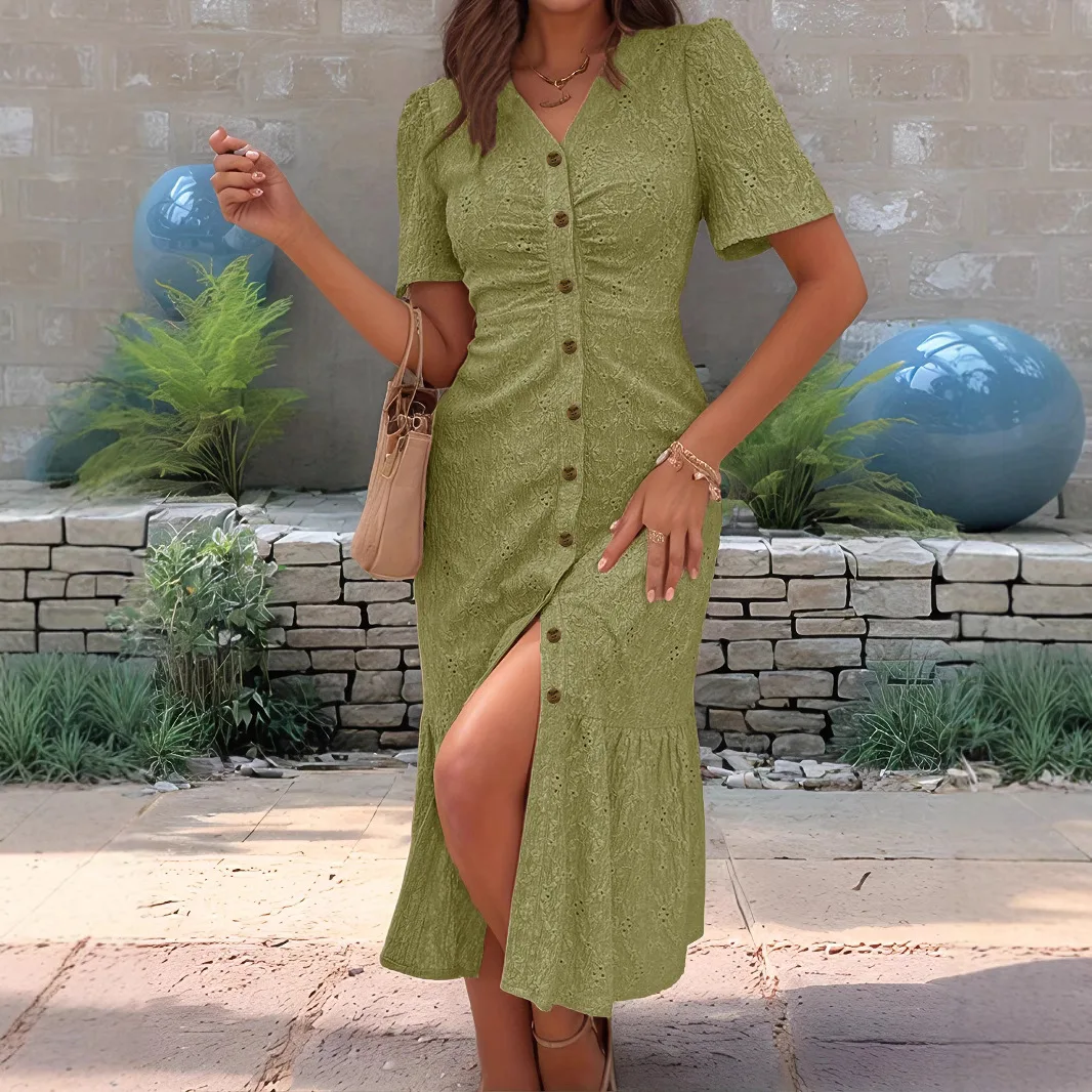 Vestido Fiesta Mujer Primavera Estate Abito camicia a maniche lunghe Donna Scollo a V Increspato Abito monopetto per vacanze al mare di media lunghezza