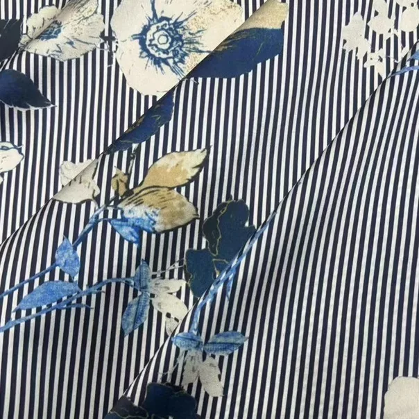 

Digital Spray Painting Silk Fabric Blue White Stripes Plant Floral Pattern Elastic Satin Material for Clothing DIY Home Crafts