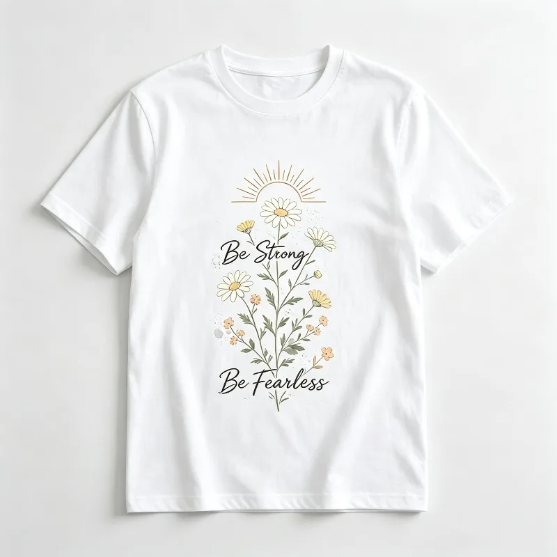 “Be Strong Be Fearless” T-Shirt for Women Daisy Floral Inspirational Graphic Print Casual Cotton Top Female Tee Gif