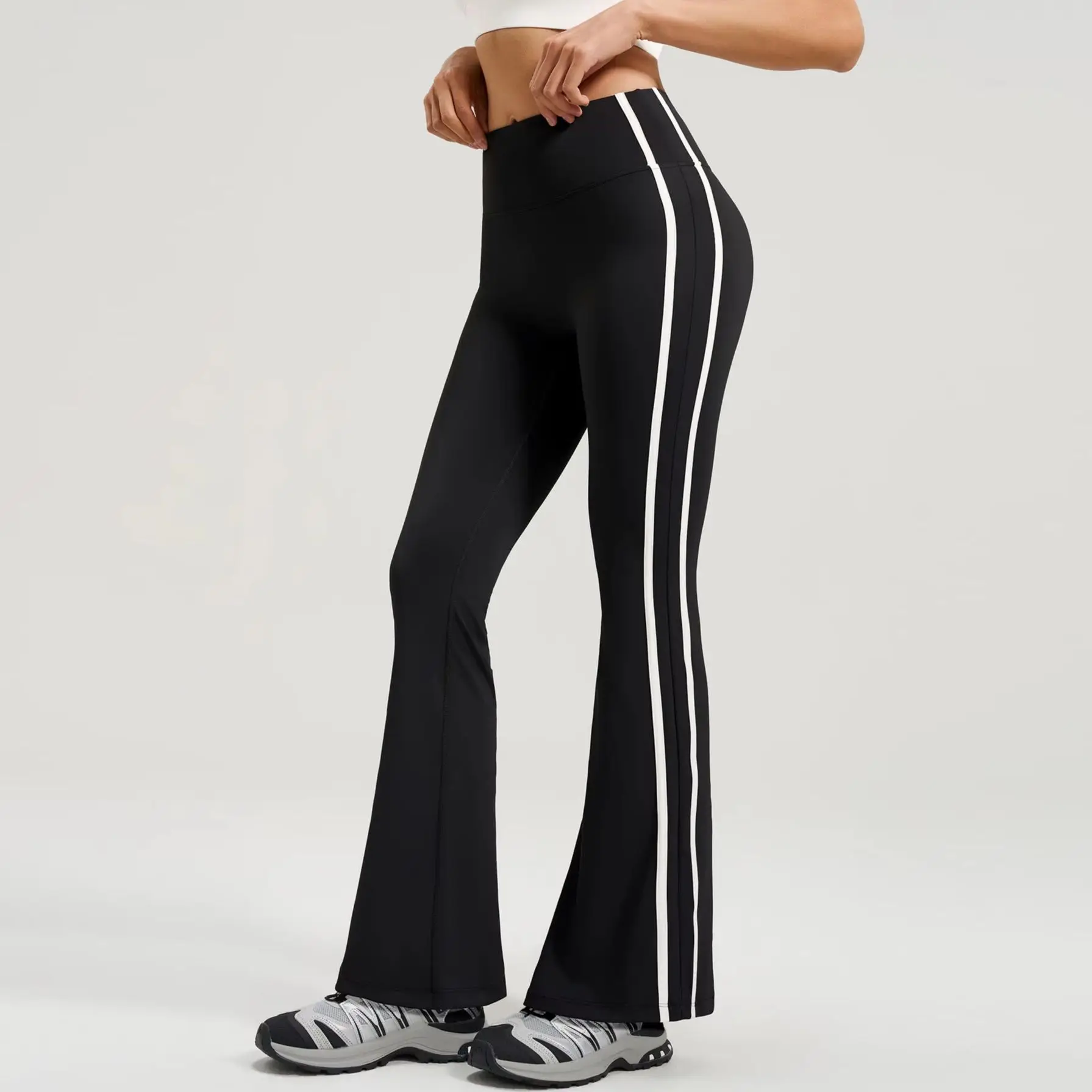 Women High Waist Striped Flare Yoga Pants Butt Lift Stretch Bell Bottom Leggings Casual Sports Fitness Workout Running Trousers