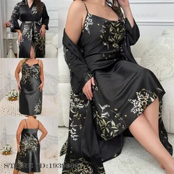 Large Size Female 2Pcs Robe Set Nightgown Print Cherry Long Kimono Bathrobe Gown Sleepwear Sexy Nightdress Homewear 3XL 4XL 5XL
