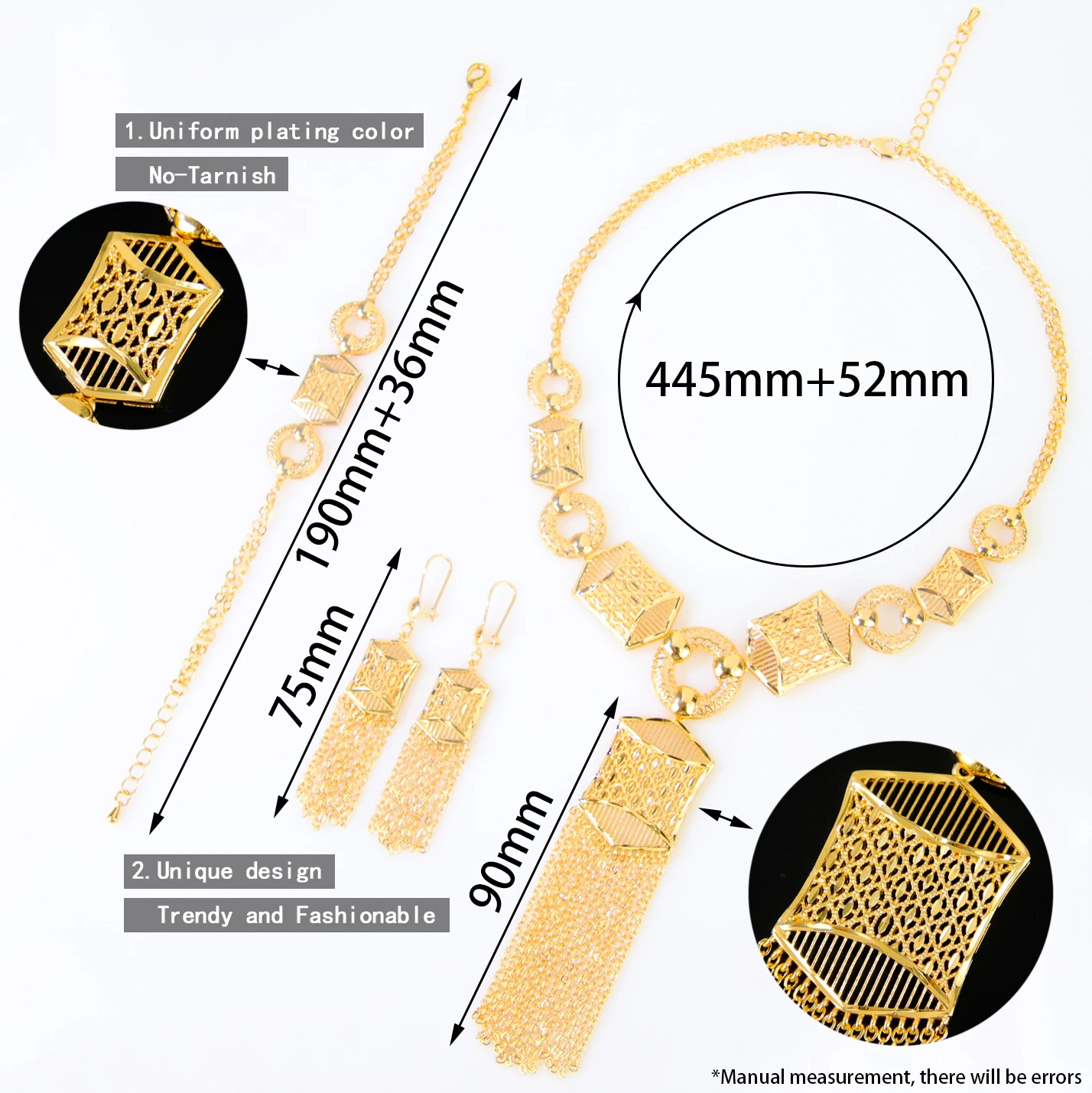 Algeria Bridal Wedding Jewelry 21k Gold Plated Tassel Hollow Ethiopian Luxury Necklace Bracelet Earrings Oman Islamic Dress Part
