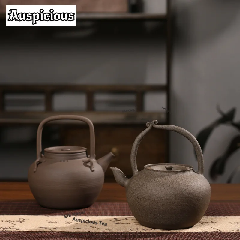 ZAEYORIA 550ml Chaozhou Gongfu Teapot Black Gold Pottery Hoop Handle Pot Tea Making Jumping Lid Kettle For Boiling Water Stove