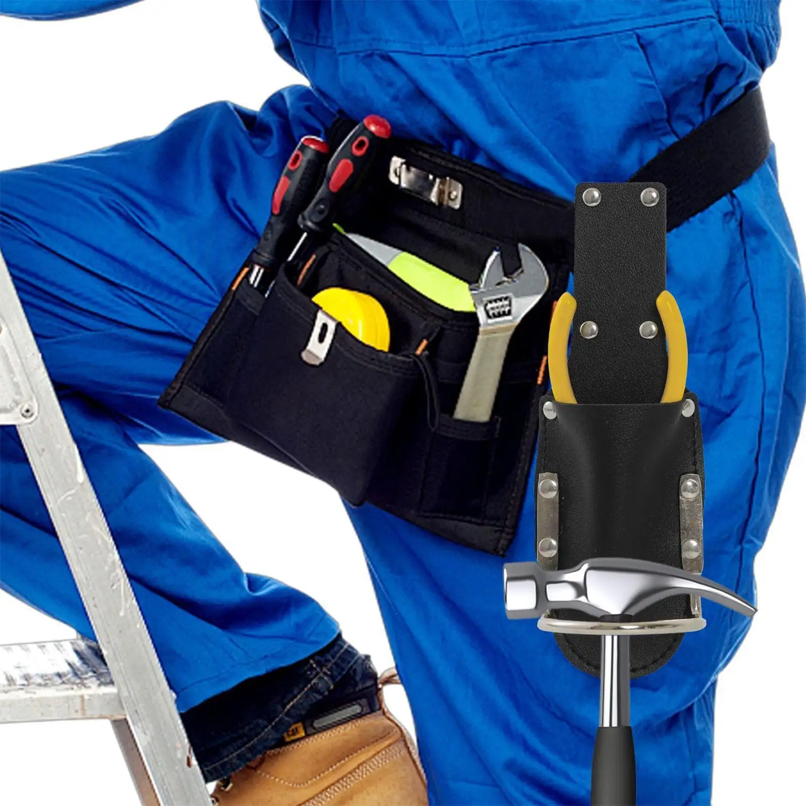 กระเป๋าใส่เครื่องมือ 2 in 1 สำหรับช่างไม้ งานบำรุงรักษาสวน งานตัดแต่งกิ่งไม้ ช่างไฟฟ้า ซองใส่คีมหนัง PU พร้อมห่วงสำหรับค้อน