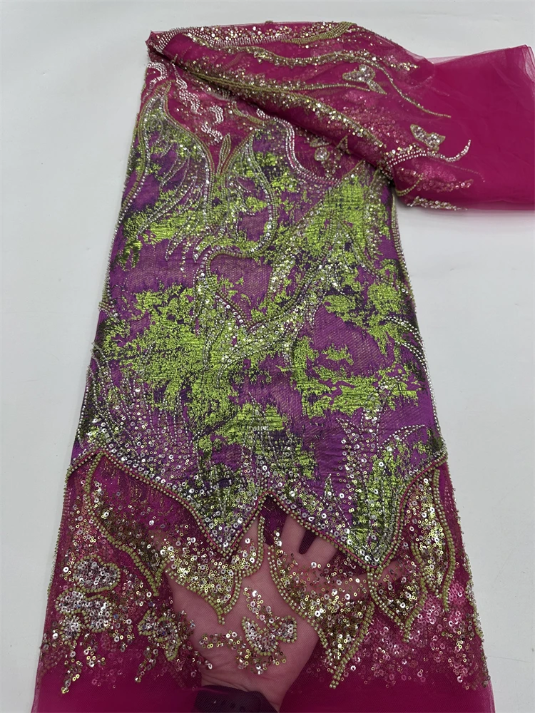 ผ้าลูกไม้ลวดลายแบบแอฟริกันล่าสุด ปี 2025 ผ้าลูกไม้ตาข่ายปักเลื่อมฝรั่งเศสหรูหรา ประดับด้วยลูกปัดทำมือคุณภาพสูงสำหรับชุดแต่งงาน