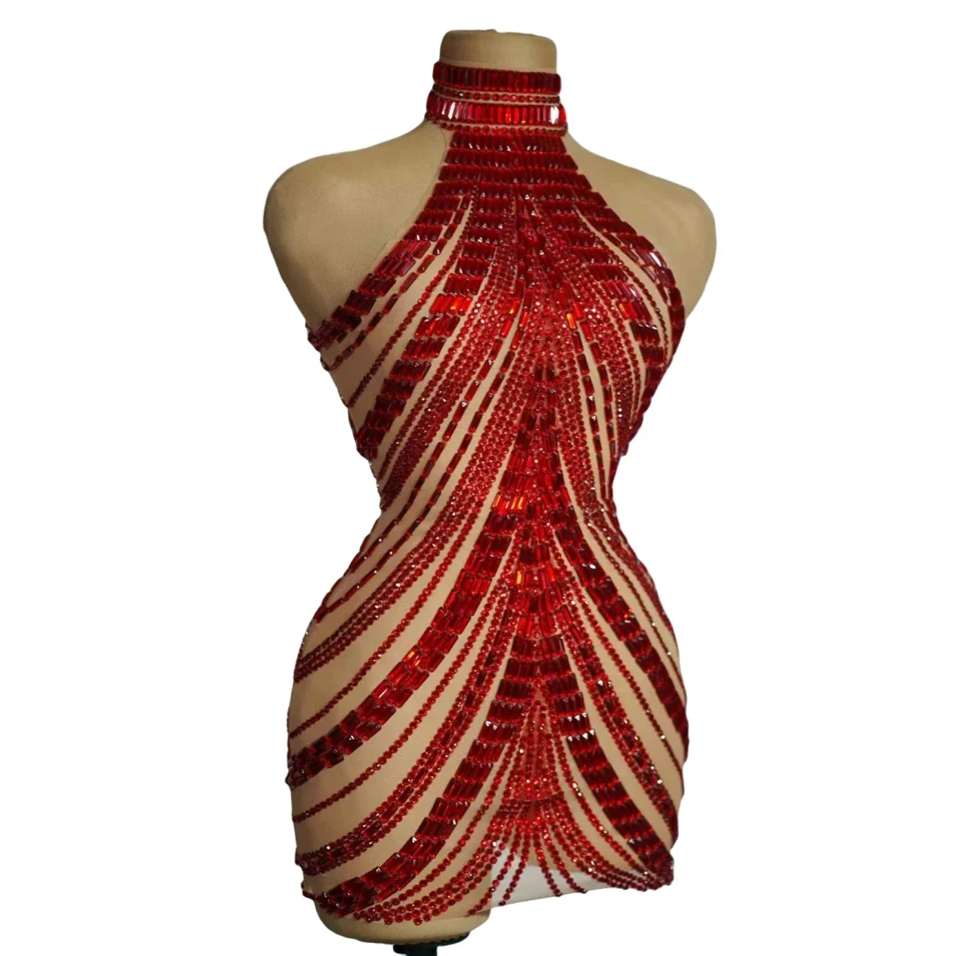 Sexy Sleeveless Photo Shoot Props Goddess Senior Drag Queen Costume Luxury Red Mesh Stretch Women Rhinestone Short Dress