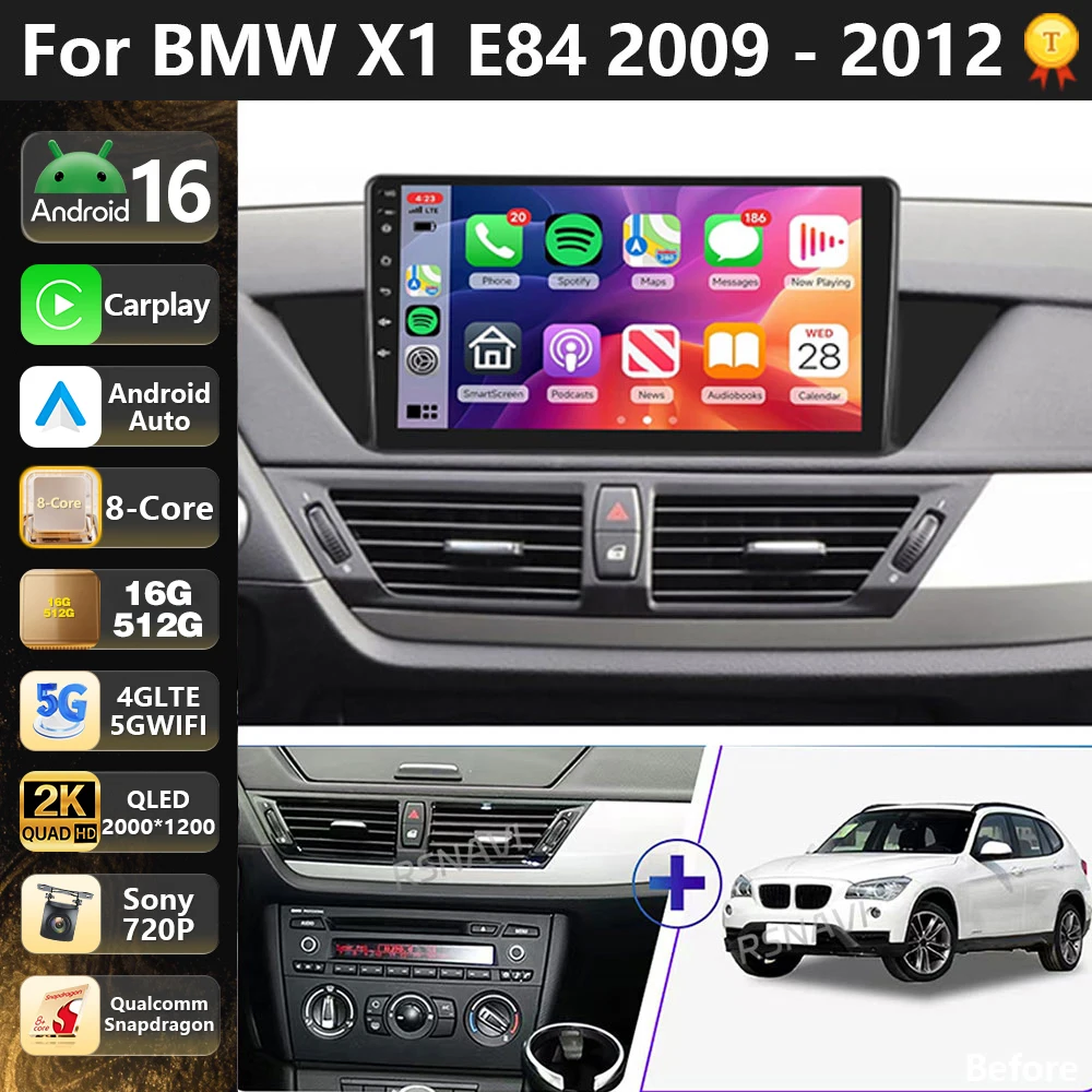 Radio Multimedia para Auto con Qualcomm Android 16 para BMW X1 E84 2009-2012, Pantalla QLED 2K, Reproductor de Video, GPS, Voz AI, CarPlay, Auto 4G WiFi, Estéreo