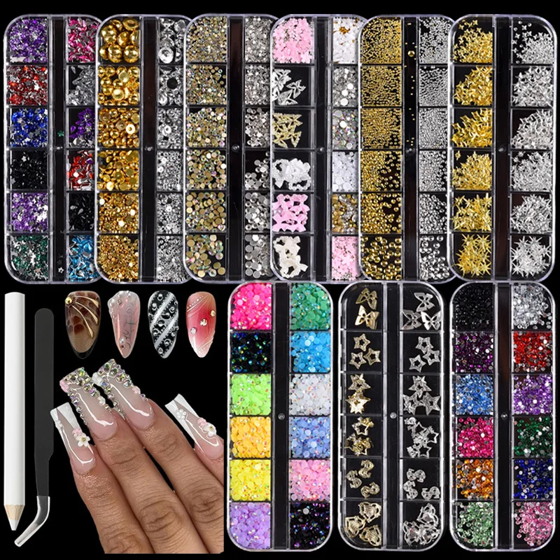 

Набор для декора ногтей 9Box, 12 коробок - 3D металлические шармы, стразы, блестки, украшения для ногтей, звезды, цветы, декоративные элементы для ногтей