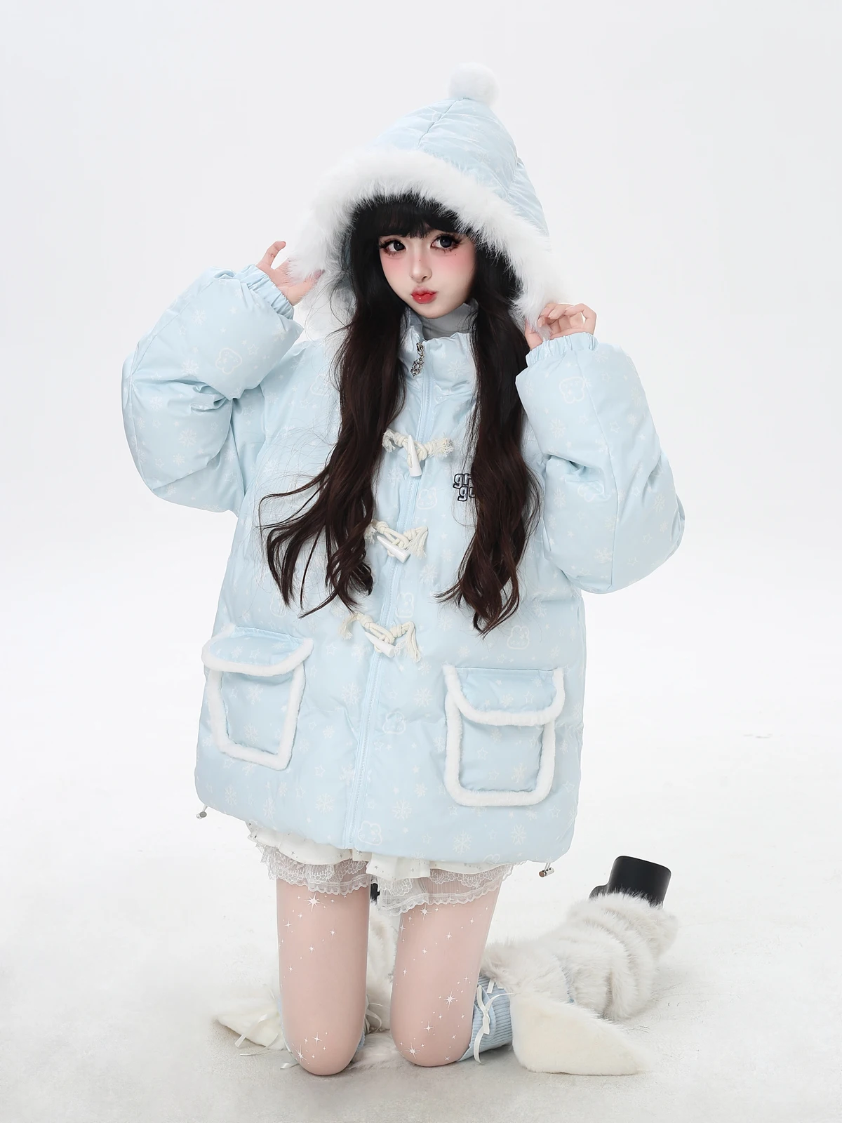 Christmas New Year Sweet Cute Girl Winter Quilted Coats Cartoon Print Embroidery Thick Warm Plush Hooded Cotton Jacket for Women
